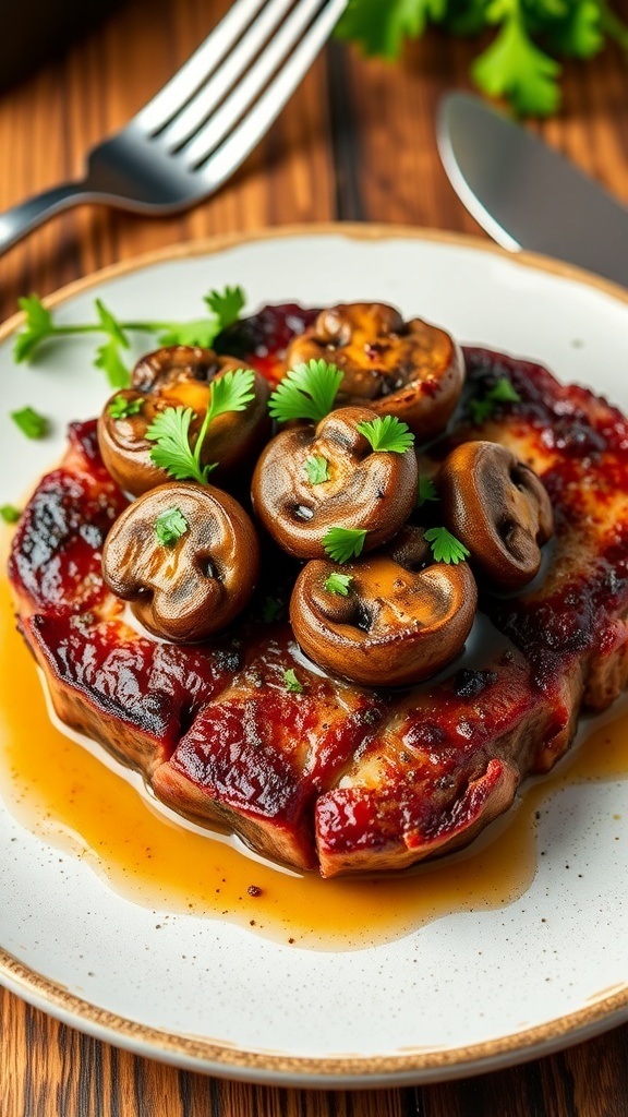 Air fryer steak with garlic mushrooms, garnished with parsley, on a rustic wooden table.